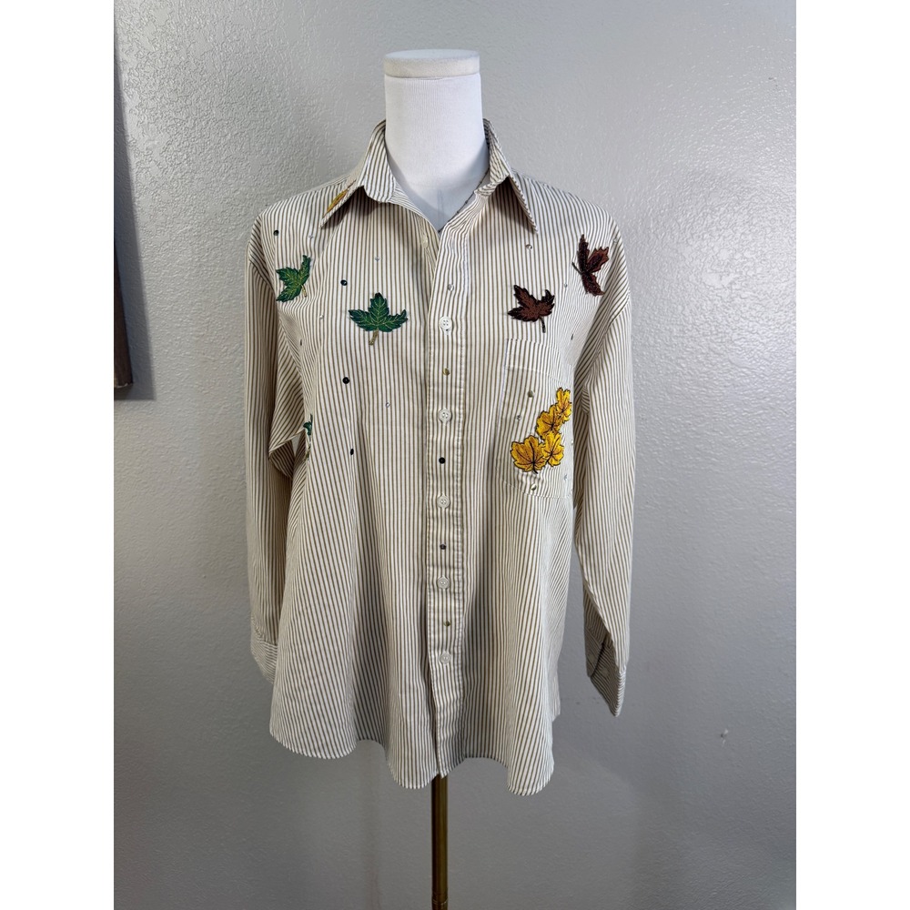 Mili Designs Womens PS Tan Striped Embroidered Autumn Leaf Button Down Shirt